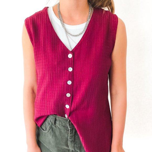 Vintage Maroon Tie Back Button Up Textured Top - M - Picture 6 of 6